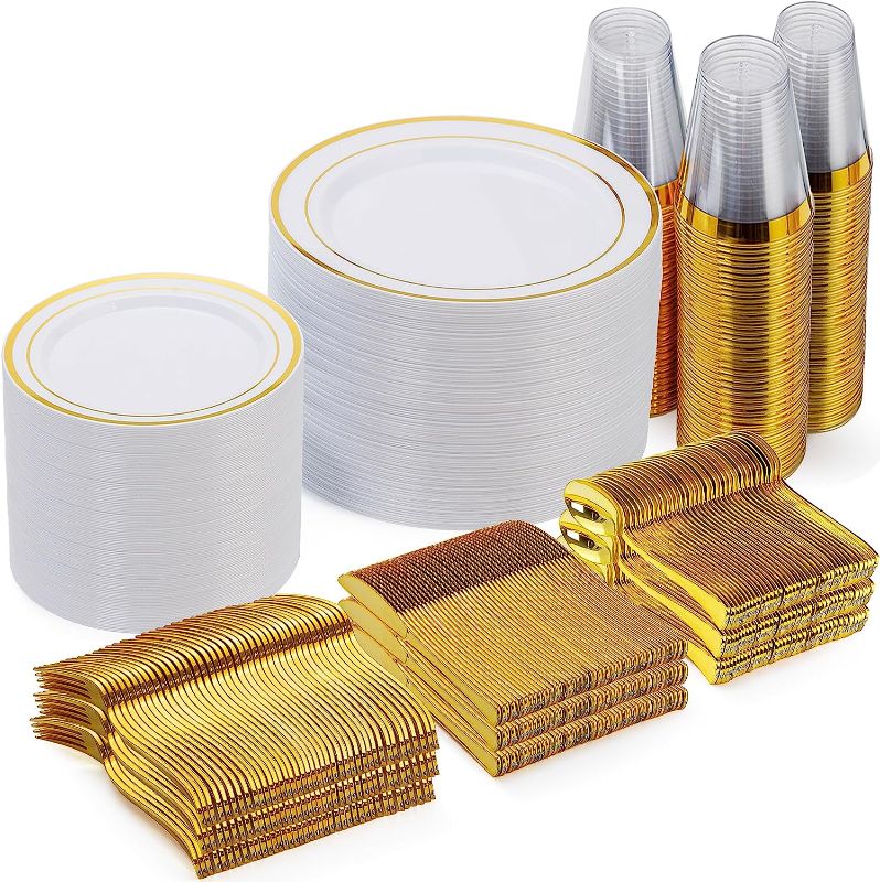 Photo 1 of 600 Pieces Gold Disposable Plates for 100 Guests, Plastic Plates for Party, Wedding, Dinnerware Set of 100 Dinner Plates, 100 Salad Plates, 100 Spoons, 100 Forks, 100 Knives, 100 Cups