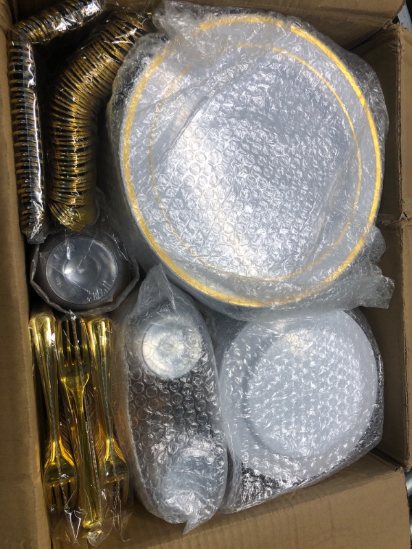 Photo 3 of 600 Pieces Gold Disposable Plates for 100 Guests, Plastic Plates for Party, Wedding, Dinnerware Set of 100 Dinner Plates, 100 Salad Plates, 100 Spoons, 100 Forks, 100 Knives, 100 Cups