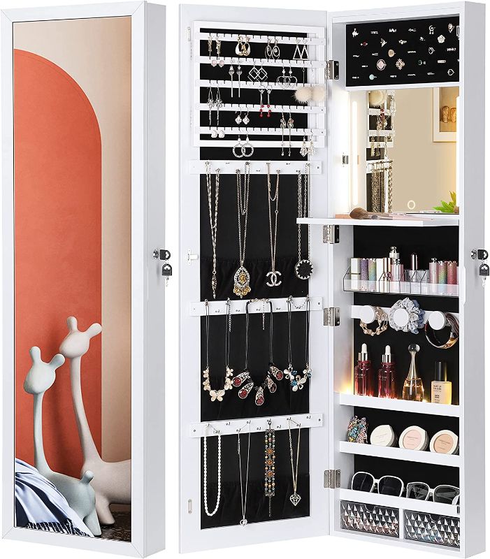Photo 1 of Nicetree 47.2" H Touch LED Mirror with Jewelry Storage, Inner Vanity Makeup Mirror Jewelry Cabinet, Door/Wall Mounted Jewelry Armoire Organizer, 2 Drawers, White, Christmas Gifts for Women