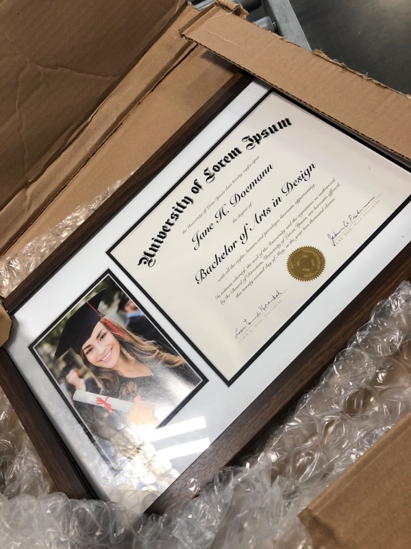 Photo 3 of Americanflat 11x18 Graduation Frame in Walnut with 2 Opening Mat Displays - 5x7 Picture Frame and 8.5x11 Diploma Frame - Composite Wood and Polished Glass - Includes Hanging Hardware