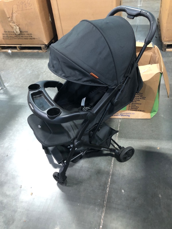 Photo 1 of Mompush Lithe V2 Lightweight Stroller + Snack Tray, Ultra-Compact Fold & Airplane Ready Travel Stroller, Near Flat Recline Seat, Cup Holder, Raincover & Travelbag Included Black