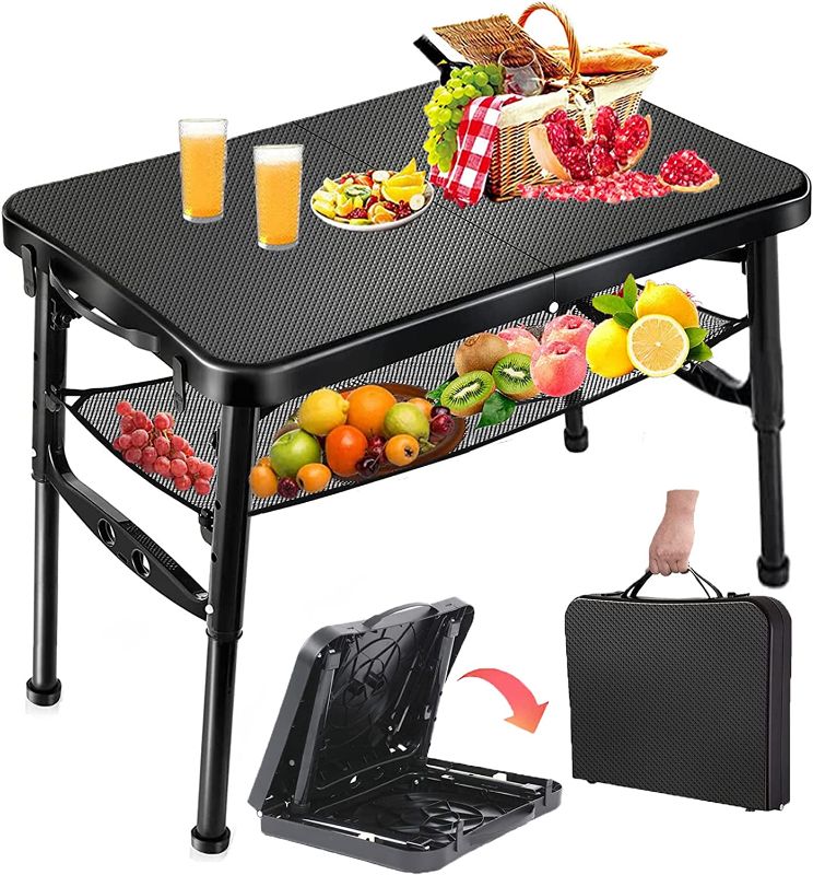 Photo 1 of 2023 Portable Folding Camping Table with 4 Adjustable Heights, Removable Storage Mesh and Carrying Handle, Retractable Foldable Lightweight Compact Desk for Picnic Beach Party Indoor Outdoor BBQ