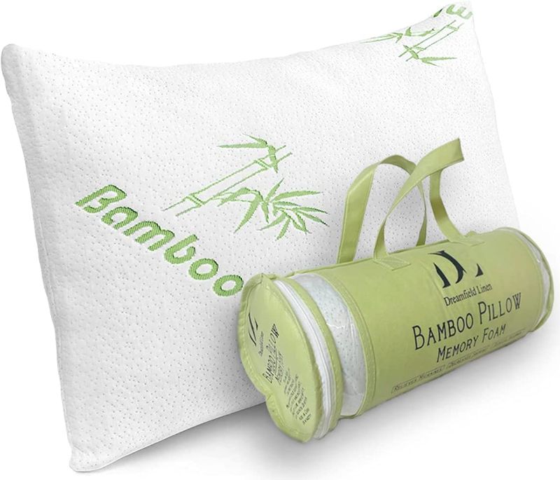 Photo 1 of Bamboo Pillow Queen Size Shredded Memory Foam for Sleeping - Ultra Soft, Cool & Breathable Cover with Zipper Closure - Relieves Neck Pain, Snoring and Helps with Asthma - Back/Stomach/Side Sleeper