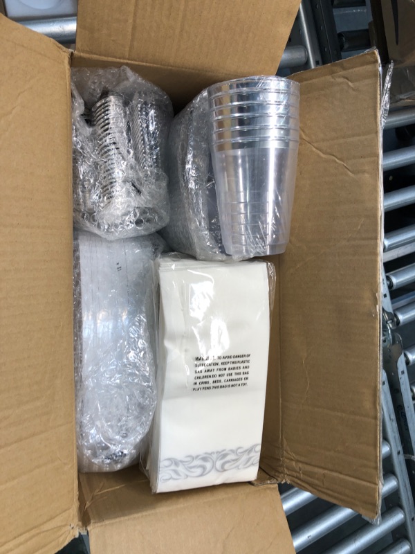 Photo 2 of 350 Piece Silver Dinnerware Set 50 Guest-100 Silver Rim Plastic Plates-50 Silver Plastic Silverware-50 Silver Plastic Cups-50 Linen Like Silver Paper Napkins,FOCUSLINE Disposable Dinnerware Set