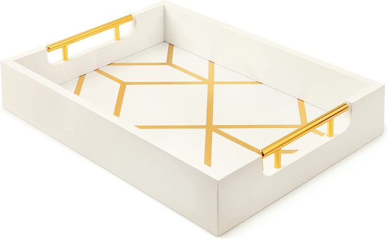 Photo 1 of 
White & Gold Coffee Table Serving Tray with Handles - 16.5 x 12 - Wooden Decorative Ottoman Tray for Serving Food