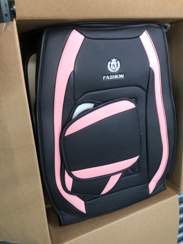 Photo 3 of LSY05 Seat Cover 5-Seater Full Set, Universal Type, Suitable for Most Cars, Cars, SUV, Trucks, Pickup Ttrucks, Airbags Compatible with Synthetic Leather Car Seat Cushion Protectors (Black and Pink)
