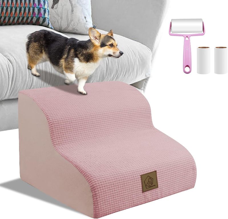 Photo 1 of 2-Tiers High Density Foam Stairs for Dogs and Cats, Indoor Ramp Steps Stairs for Indoor Small Short Leg Dog,Up to 40 lbs, Nonslip Bottom Washable Fabric Cover,1 pcs Lint Roller with 2 Refills,Pink