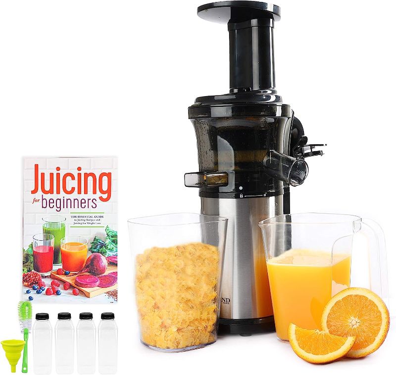 Photo 1 of Cold Press Masticating Juicer With 16 oz Plastic Juice Bottles With Black Caps And Juicing Recipe Book, Includes Funnel And Brush