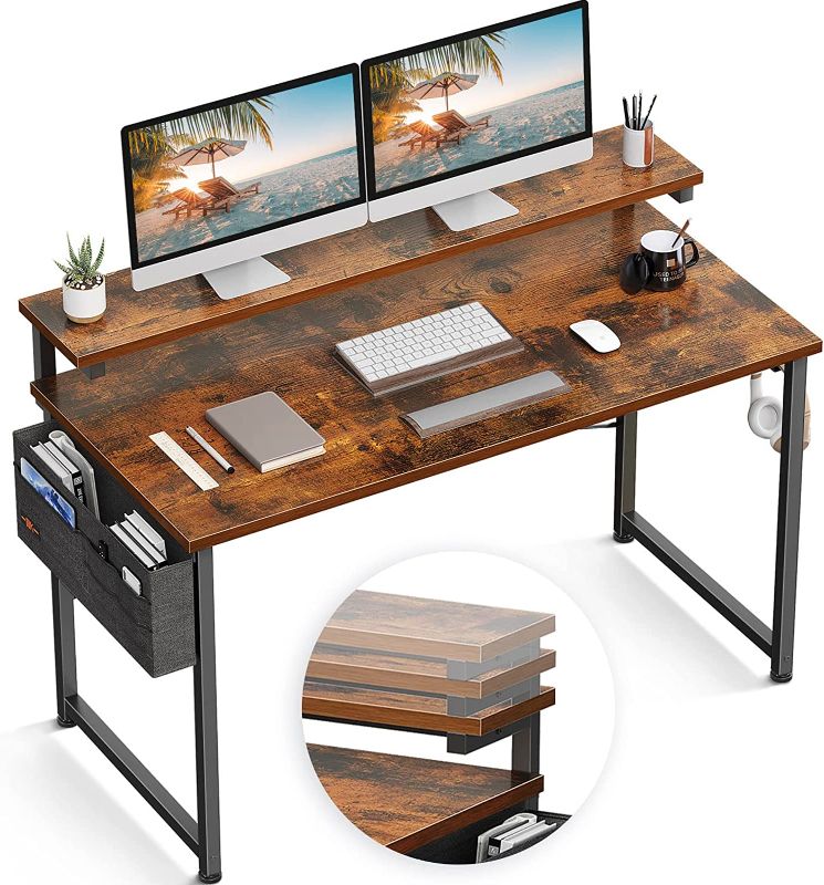 Photo 1 of ODK Computer Desk with Adjustable Monitor Shelves, 48 inch Home Office Desk with Monitor Stand, Writing Desk, Study Workstation with 3 Heights (10cm, 13cm, 16cm), Rustic Brown
