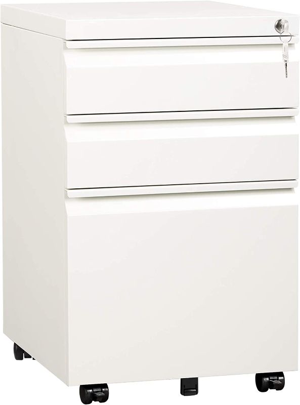 Photo 1 of DEVAISE 3 Drawer Mobile File Cabinet with Lock, Under Desk Metal Filing Cabinet for Legal/Letter/A4 File, Fully Assembled Except Wheels, White