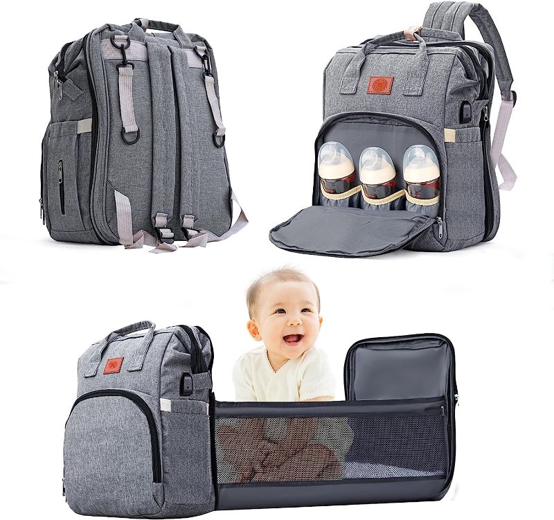 Photo 1 of Diaper Backpack Multifunction Travel Back Pack Large Capacity Baby Changing Bags for Toddlers With Insulated Pockets Grey