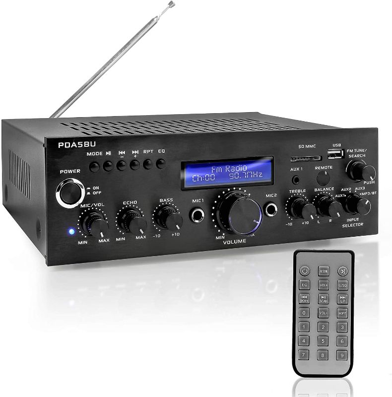 Photo 1 of Pyle PDA5BU.0 200W Audio Stereo Receiver-Wireless Bluetooth Power Amplifier Home Entertainment System w/AUX in, USB Port, 2 Karaoke Microphone Input, Remote , Black