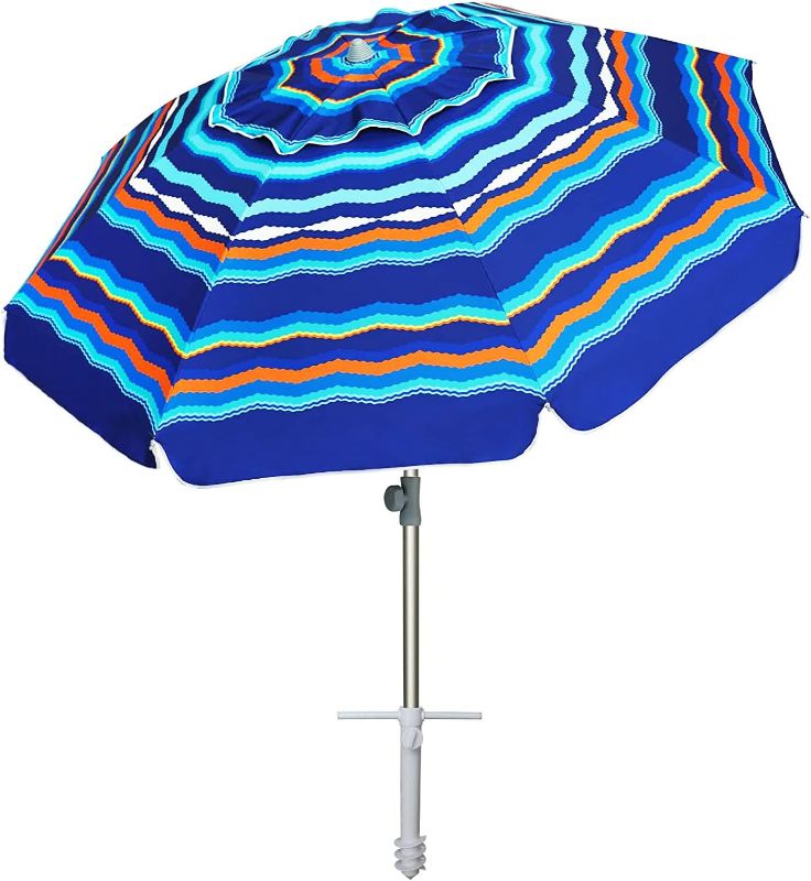 Photo 1 of AMMSUN 7.5 Foot Heavy Duty HIGH Wind Beach Umbrella with sand anchor & Tilt Sun Shelter, UV 50+ Protection Outdoor Sunshade Umbrella with Carry Bag for Patio Garden Beach Pool Backyard (Rainbow)