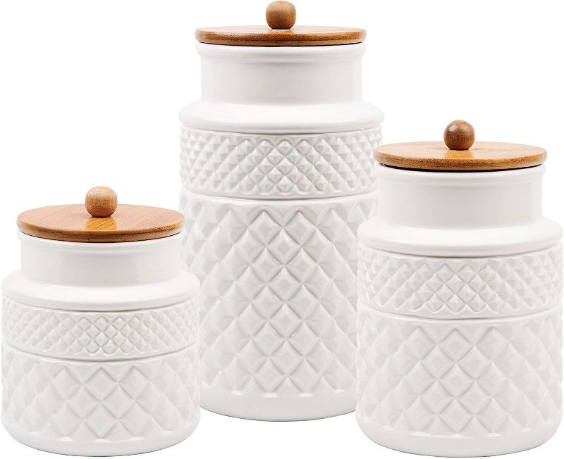 Photo 1 of American Recreations Embossed Faceted Canister White Ceramic Set of 3 Round Jars with for Kitchen - Food Storage - Bamboo Lid and Rubber Gasket