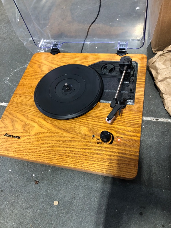 Photo 3 of Vintage 3-Speed Turntable Bluetooth Input Record Player Vinyl Record Player with Twin Built-in Stereo Speakers,Auto Stop,RCA Output, Full Size Platter,Acrylic Dust Cover, Black Wood Orange Leather