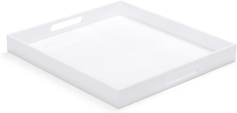 Photo 1 of ATOZONE White Acrylic Ottoman Tray with Cutout Handles 24x24 Inch Over-Sized Serving Tray Rubber Boot Organizer Decorative Tray for Living Room, Bedroom,Bathroom Entryway and Kitchen Tabletop (MINOR DAMAGE) 