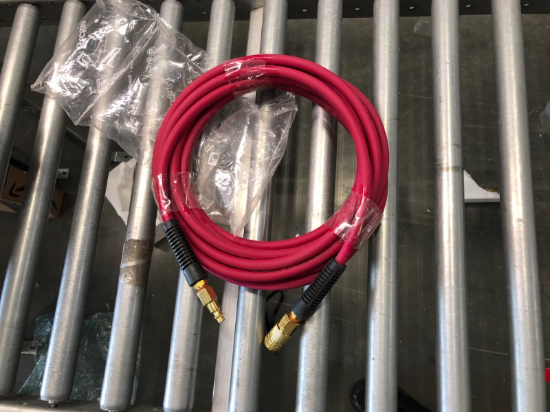 Photo 3 of  Heavy Duty Rubber Air Hose 3/8-Inch by 25-Feet 300 PSI with 1/4" Industrial Swivel Solid Brass Quick Coupler, Plug and Bend Restrictors, Red