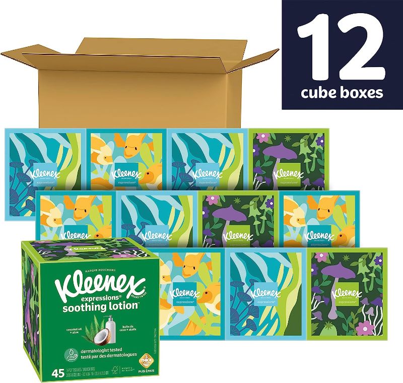 Photo 1 of Kleenex Expressions Soothing Lotion Facial Tissues with Coconut Oil, Aloe & Vitamin E, 12 Boxes, 45 Tissues per Box, 3-Ply (540 Total Tissues)