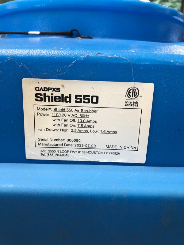Photo 1 of CADPXS Shield-550 Negative Machine Airbourne Cleaner HEPA Scrubber Water Damage Restoration Equipment Air Purifier, Air Scrubbers 550 air scrubbers Blue