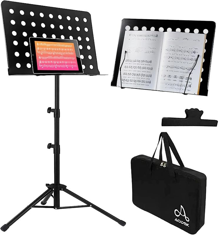 Photo 1 of AODSK Sheet Music Stand 2 in 1 Dual-Use Desktop Book Stand with Portable Carrying Bag,Sheet Music Folder & Clip Holder