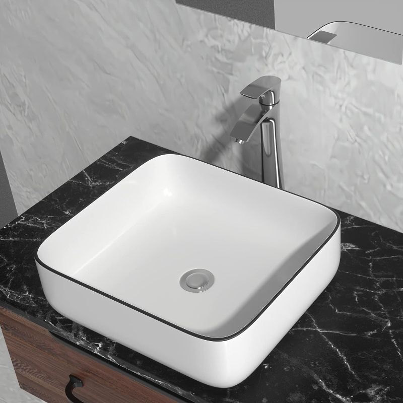 Photo 1 of 
Square Bathroom Vessel Sink - Oumuch 15”x15” White with Black Rim Vanity Sink Modern Ceramic Porcelain above Counter Art Basin
