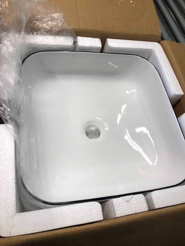 Photo 4 of 
Square Bathroom Vessel Sink - Oumuch 15”x15” White with Black Rim Vanity Sink Modern Ceramic Porcelain above Counter Art Basin
