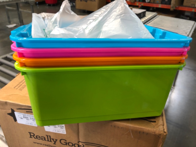 Photo 2 of Really Good Stuff Neon Stackable Storage Baskets, Classroom Organizing Bins, Premium Plastic Organizing Book, Art, Cubby & Supply Keepers, Bright Book Holders, Neatly Organize School & Home, 4 pk