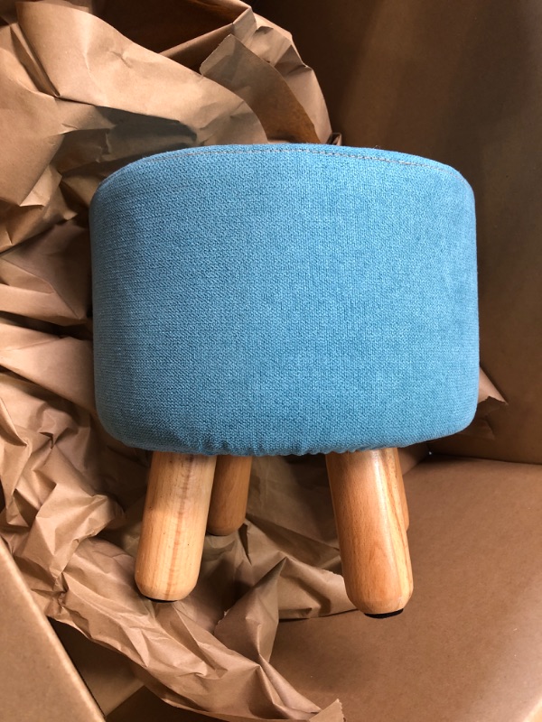 Photo 2 of Asense Round Ottoman Foot Rest Stool Linen Fabric Padded Seat Footstools Ottoman with Non-Skid Wooden Legs Blue