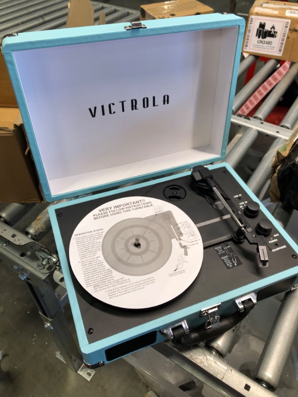 Photo 3 of Victrola Vintage 3-Speed Bluetooth Portable Suitcase Record Player with Built-in Speakers | Upgraded Turntable Audio Sound| Includes Extra Stylus | Turquoise, Model Number: VSC-550BT
