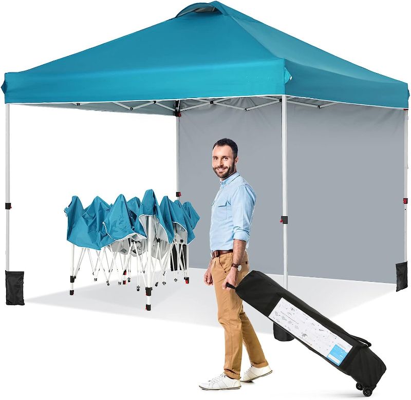 Photo 1 of Yuego 10x10 Pop Up Canopy Easy Setup Tents Instant Portable Outdoor Ez Up Heavy Duty Commercial Gazebo Outside Camping Canopy with Wheeled Carry Bag and 4 Sandbags
