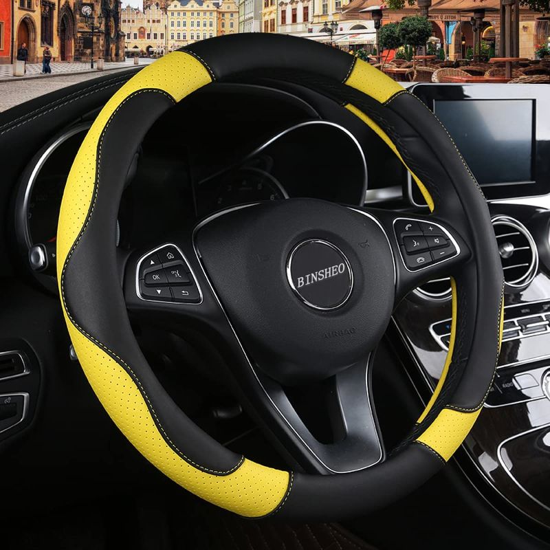Photo 1 of Binsheo Leather Steering Wheel Cover, Breathable, Anti Slip & Odor Free, Black and Yellow 