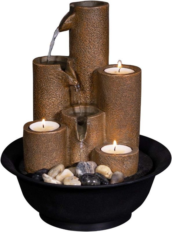 Photo 1 of Alpine Corporation Tiered Column Tabletop Fountain with 3 Candles, Mini Waterfall for Indoor Spaces, Relaxation Water Feature, 11" Tall, Brown
