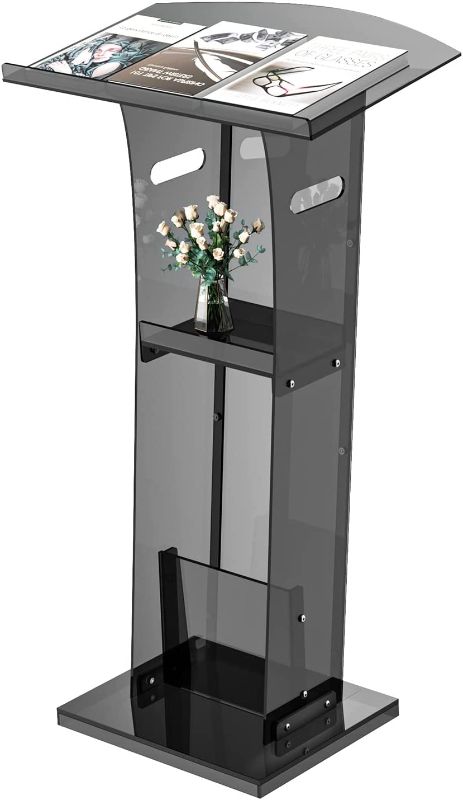 Photo 1 of KScary Acrylic Clear Podium Stand with Storage Shelf,Plexiglass Pulpits for Churches,Conference,Speeches,Weddings,Classroom,Professional Presentation Podiums (23.6"L X 17.7"W X 43"H, Black)
