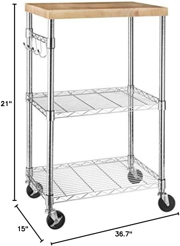 Photo 1 of Amazon Basics Kitchen Storage Microwave Rack Cart on Caster Wheels with Adjustable Shelves, 175 Pound Capacity, 15 x 21 x 36.7 inches, Wood/Chrome
