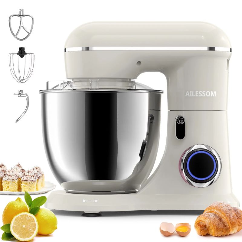 Photo 1 of AILESSOM 3-IN-1 Electric Stand Mixer, 660W 10-Speed With Pulse Button, Attachments include 6.5QT Bowl, Dough Hook, Beater, Whisk for Most Home Cooks, Almond Cream *****Missing Bread Kneader attachment, also cracked plastic lid*******
Tested; Works great!