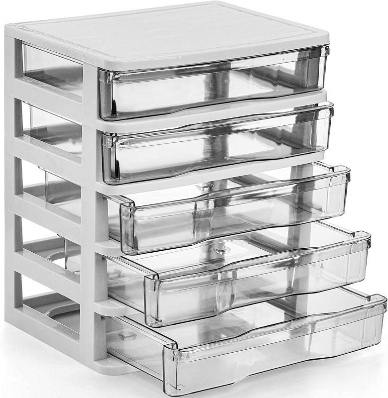 Photo 1 of DEAYOU 5 Drawer Desktop Storage Bin Unit, Small Plastic Drawers Organizer, White Frame with Clear Drawer, Mini Storage Bin Container Case with Drawers for Desk, Storing Craft, Accessory, Stationery
