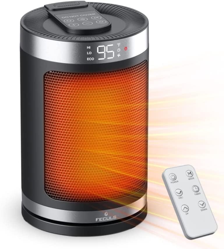 Photo 1 of Space Heater for Indoor Use,Feculs Portable Heater with Digital Thermostat&Remote,1500W Fast Heating PTC Ceramic Electric Heater,1-12h Timer,90deg Quiet Oscillating SmallHeater for Office Home,9.5in
