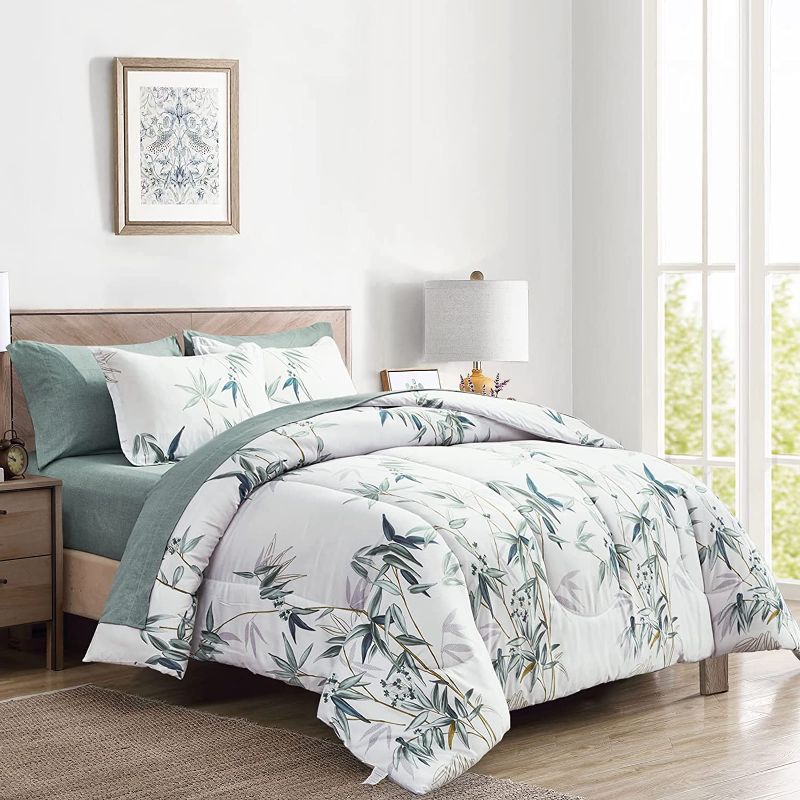 Photo 1 of 7 Pieces Bed in a Bag Queen Comforter Set with Sheets, Green Leaves on White Botanical Design Bedding Sets for All Season (1 Comforter, 2 Pillow Shams, 1 Flat Sheet, 1 Fitted Sheet, 2 Pillowcases)