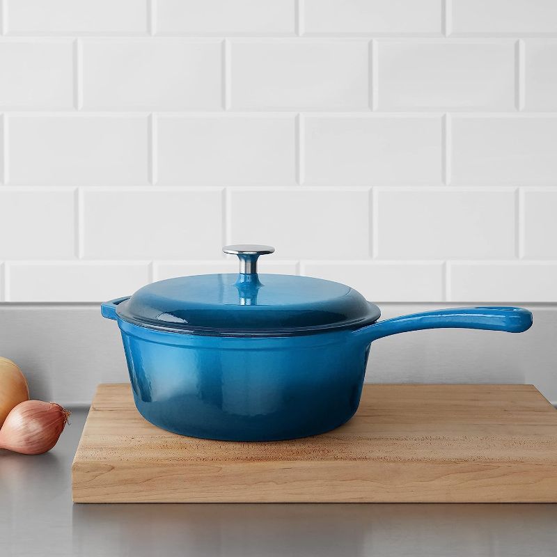 Photo 1 of AmazonCommercial Enameled Cast Iron Covered Saucier, 3.7-Quart, Blue
