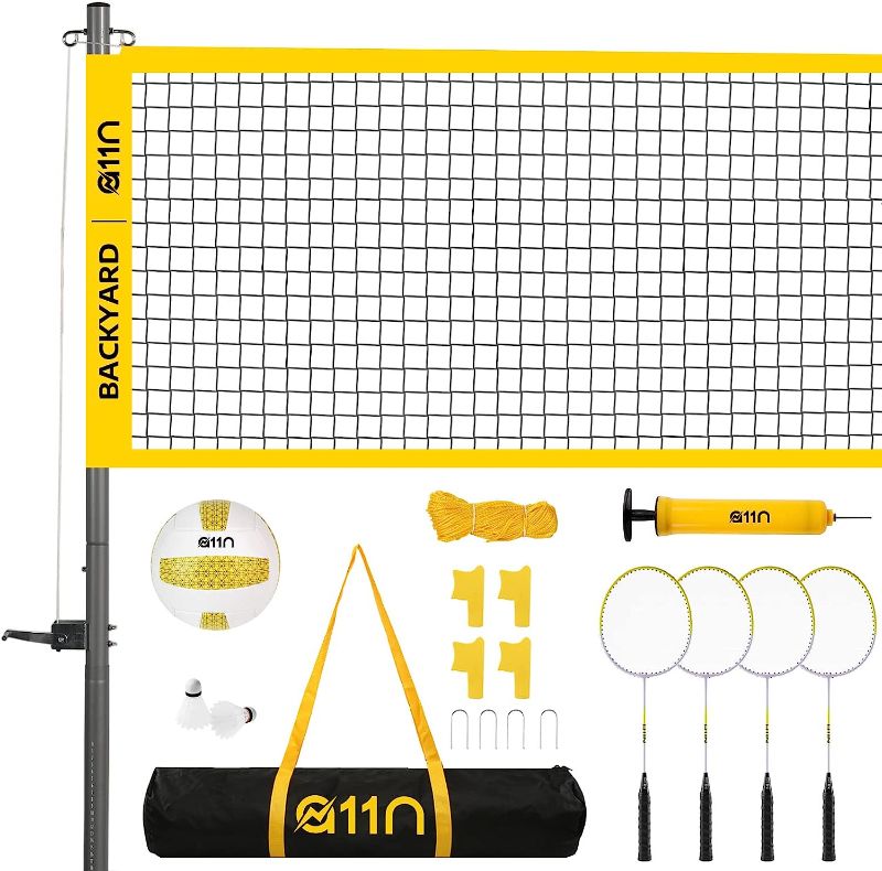 Photo 1 of A11N Outdoor Volleyball and Badminton Combo Set - Includes Adjustable Height Anti-Sag Net, Volleyball, Air Pump, 4 Badminton Rackets, 2 Shuttlecocks, Boundary Line Marker, and Carrying Bag
