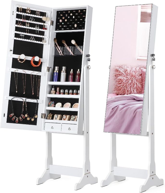 Photo 1 of Nicetree Jewelry Cabinet with Full-Length Mirror, Standing Lockable Jewelry Armoire Mirror Organizer, 3 Angel Adjustable, White
