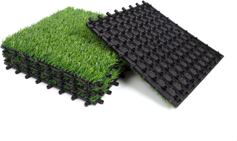 Photo 1 of Artificial Grass Interlocking Turf, 4 Packs 12"x12" Faux Grass Deck for Indoor Outdoor Fake Grass Dogs Training Pad, Synthetic Lawn for Garden Yard Patio Balcony Decor.(4Packs, 12in*12in)
