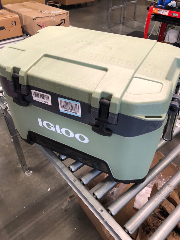 Photo 3 of ****ONE OF THE HANDLES IS MISSING***** Igloo BMX 52 Quart Cooler with Cool Riser Technology, Fish Ruler, and Tie-Down Points Oil Green