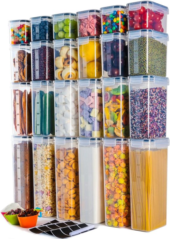 Photo 1 of Airtight Food Storage Containers with Lids, Clear Pantry Canister Set for Kitchen Organization, Stackable Organizers for Flour, Sugar, Cereal, Rice, BPA Free Plastic 24 Pack with Different Sizes
