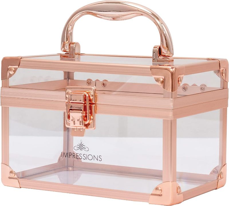 Photo 1 of Impressions Vanity Savvy Petite Train Case with Crystal Clear Panels, Compact Travel Makeup Box with Metallic Trim, Latches and Handle for Carrying Travel Accessories (Rose Gold Clear)
