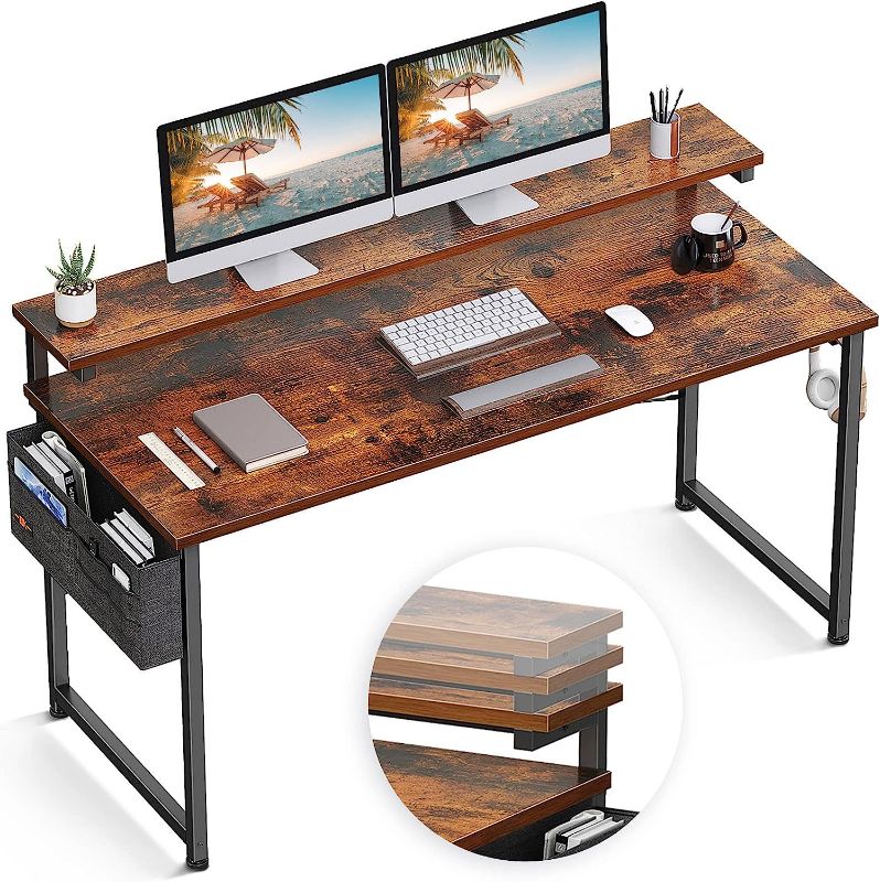 Photo 1 of ODK Computer Desk with Adjustable Monitor Shelves, 55 inch Home Office Desk with Monitor Stand, Writing Desk, Study Workstation with 3 Heights (10cm, 13cm, 16cm), Rustic Brown
