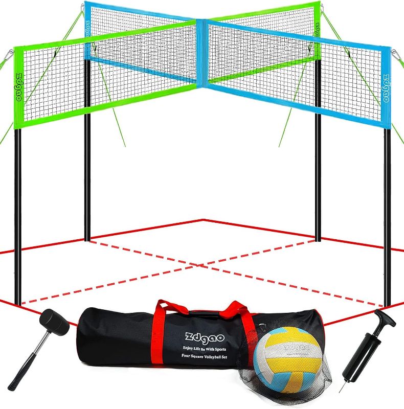 Photo 1 of Zdgao 4-Way Volleyball and Badminton Combo Net with Soft Volleyball, Rubber Hammer and Carry Bag - Adjustable Height Four Square Volleyball Game Set for Backyard and Beach, Easy Assemble Outdoor Game
