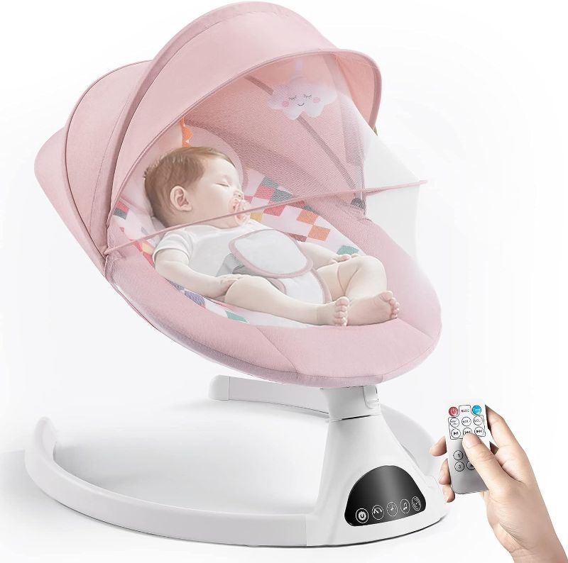 Photo 1 of Baby Swing for Infants, Electric Portable Baby Swing for Newborn, Bluetooth Touch Screen/Remote Control Timing Function 5 Swing Speeds Baby Rocker Chair with Music Speaker 5 Point Harness Pink
