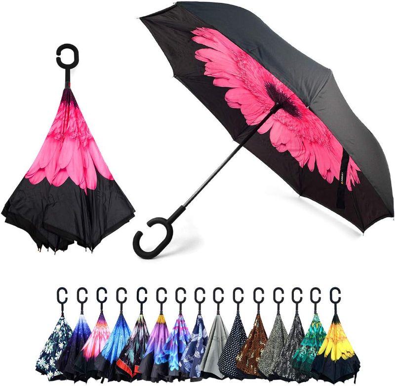 Photo 1 of Pink Flower Double Layer Inverted Umbrellas - C Shaped Handle Reverse Folding Windproof Umbrella for Men and Women
