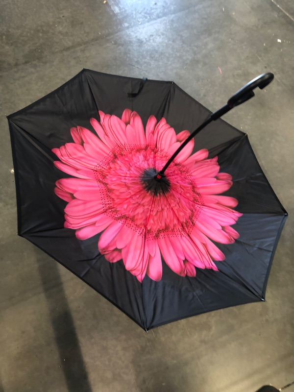 Photo 2 of Pink Flower Double Layer Inverted Umbrellas - C Shaped Handle Reverse Folding Windproof Umbrella for Men and Women
